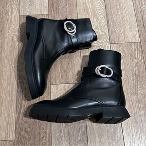 STUART WEITZMAN Crystal Buckle Leather Ankle Boots